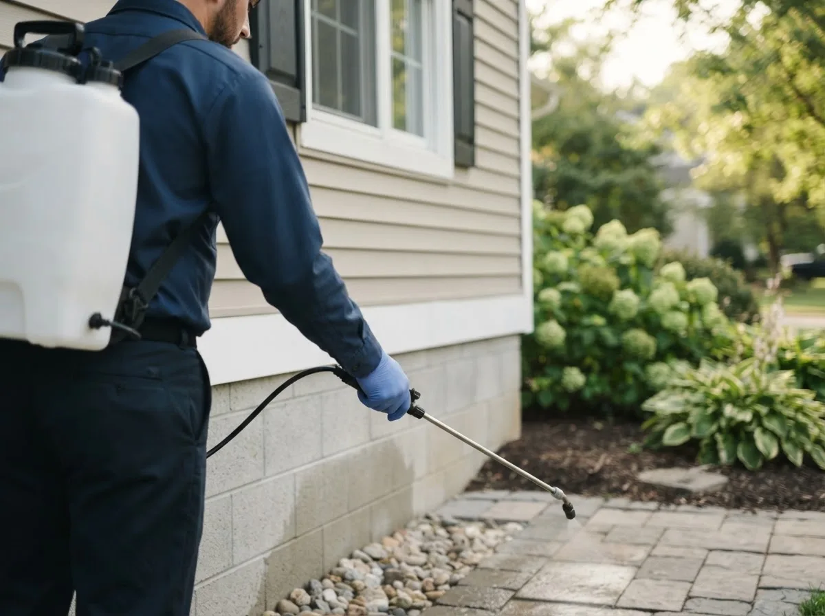 Pest control technician inspecting a home in Mallard, IA
